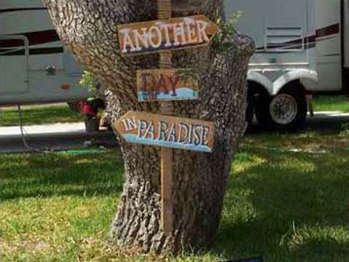 Another Day in Paradise sign on an oak tree at Drifters RV Resort