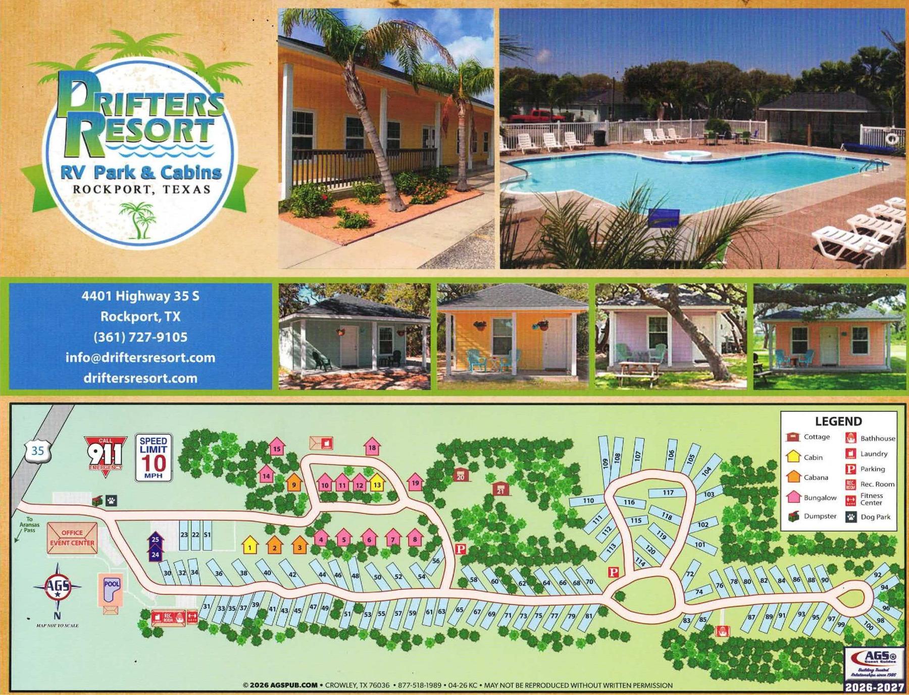 Drifters RV Resort park map with site numbers and amenities